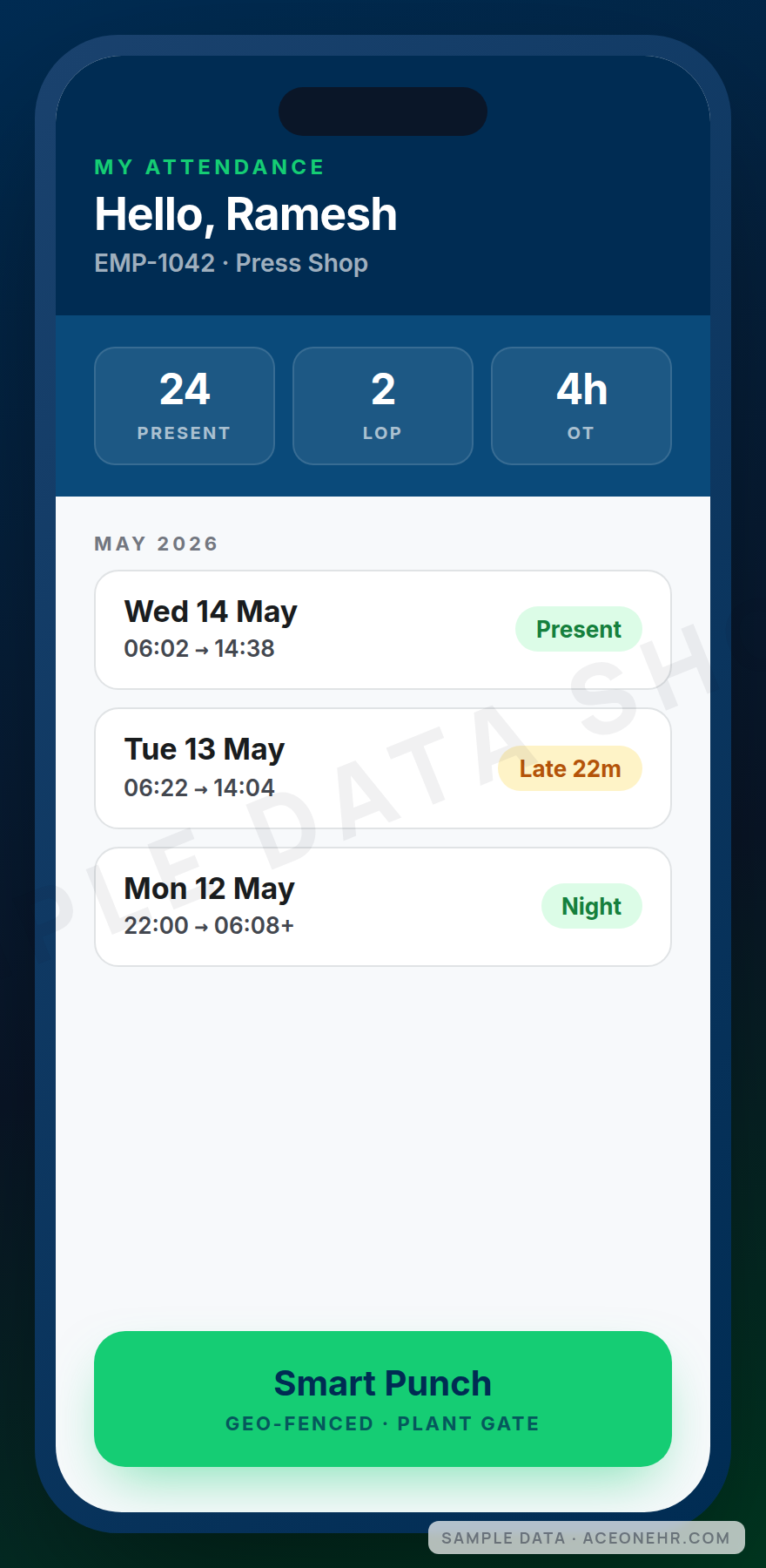 AceOne ESS Android app — my attendance view, sample data